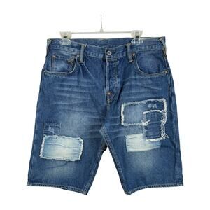 Vintage Evisu Distressed Patchwork Denim Shorts 36